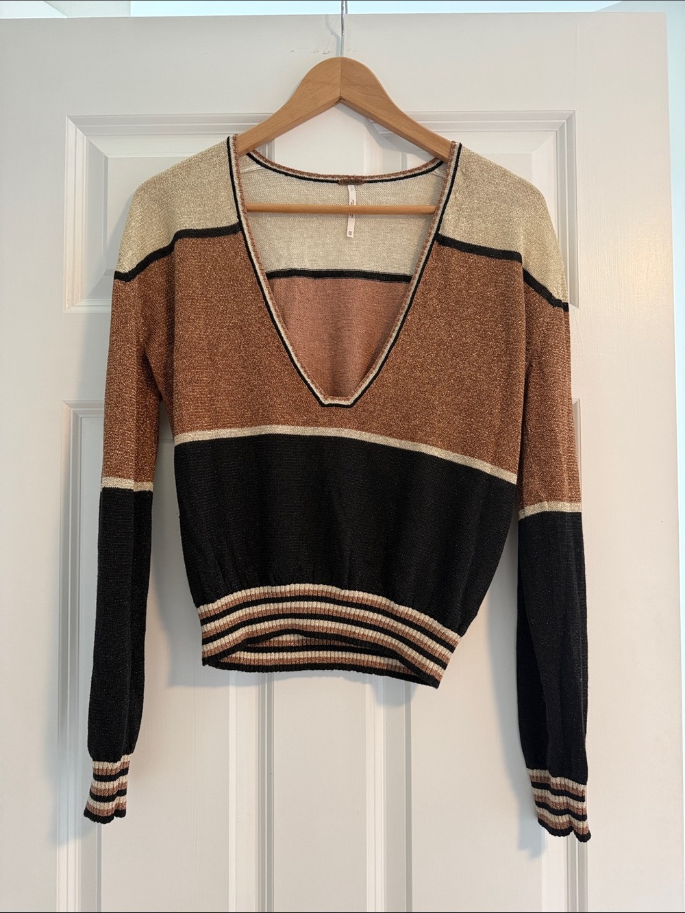 Free People Colorblock V-Neck Sweater in Brown, Black & Cream